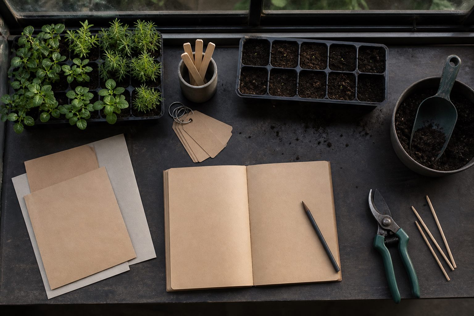 Gartnerredskaber og plantebakker set ovenfra